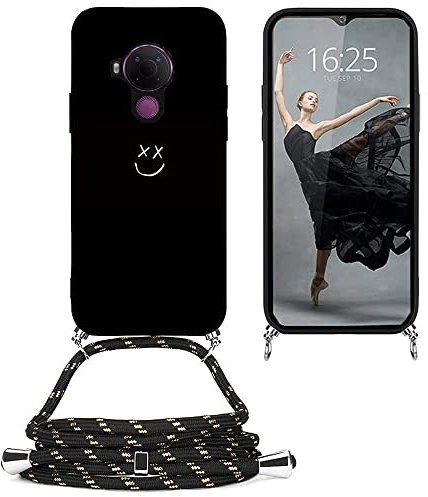 EuoDuo Kompatibel mit Nokia 5.4 Hülle mit Band Handyhülle Handykette Schwarz Silikon Muster Motiv Schutzhülle Kordel zum Umhängen Necklace Halskette Cover - Lächeln