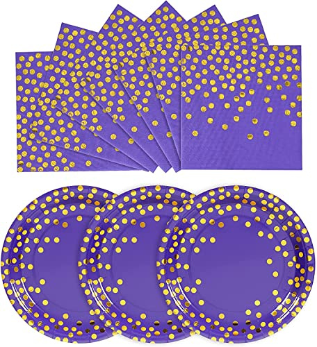 Purple and Gold Plates and Napkins Set 200Pack-100 x 9inch Paper Plates & 100 x 6.5inch Napkins,Purple Gold Dot Paper Plates for Cake,Dessert,Great for Birthdays,Graduation,Bridal Parties,Carnival