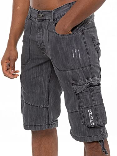 989Zé ENZO Mens Shorts EZS404 Raw Combat Cargo Pockets Casual Knee Length Denim Half Pants Dark Grey 36