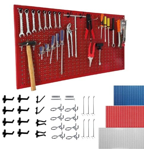Crisalide® Pannello Portautensili Forato Porta Attrezzi, Rastrelliera Organizzazione Officina, Garage, Negozio, 50 * 100 CM, Rastrelliera Con Ganci Assortiti (Rosso)