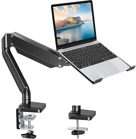 MOUNT PRO Supporto da braccio per laptop per scrivania, supporto 2 in 1 per monitor e laptop, adatto a notebook da 17 pollici e schermo da 32 pollici, supporto singolo in alluminio per monitor con