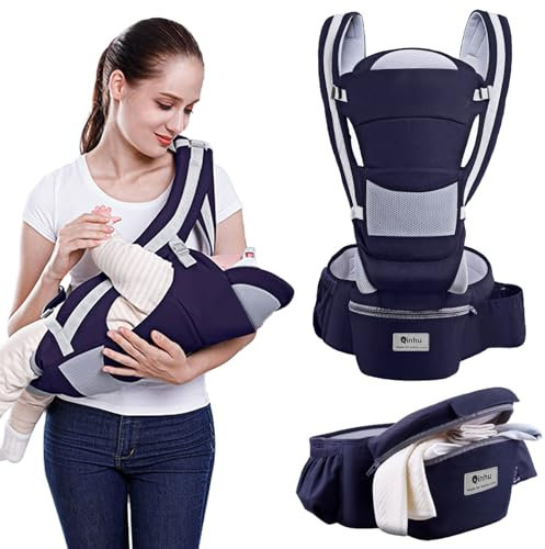 Lohofrnny Porte Bébé, Siège de Hanche Multifonction pour Porte Bebe de 0 à 36 mois, Porte-bébé ergonomique avec Siège de Hanche/Pur coton, Toutes Saisons, Charge Maximale 25 kg (Bleu marine#B)