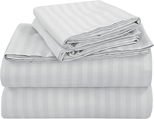 100% Long Staple Egyptian Cotton 4 Piece Sheet Set + 1 Duvet Cover with Zipper, 400 Thread Count Bedding with 35cm Deep Pocket Fitted Sheet - Light Grey Stripe, Single Size 5 Piece Sheet Set.