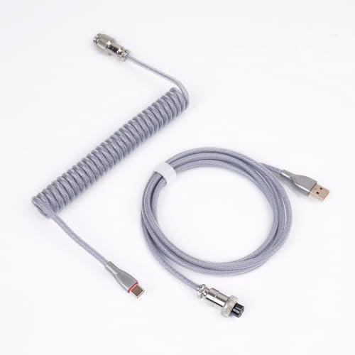 Sikai Coiled Cabel USB C für Gaming Tastatur,Keyboard Cable,Spiralkabel mit Aviator Stecker,Goldbeschichtet,Geflochten,Zweiteilig Einziehbar für Mechanische Tastaturen (nur Kabel, Silber Grau)