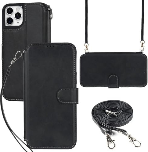 ELTEKER Hülle für iPhone 11 Pro Klapphülle,Handyhülle iPhone 11 Pro mit Umhängeband und Kartenfach,Perfekt Schutz Case mit Ständer Handytasche Lederhülle,Schwarz