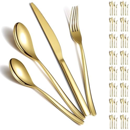 Berglander Juego de cubiertos de oro 48 piezas para 12 de acero inoxidable chapado en titanio dorado, juego de cuchillos de cucharas de oro para el hogar, boda, restaurante, hotel