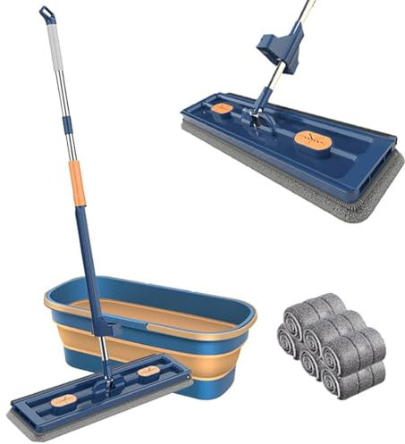 Aocase Trapeador Plano Grande y Cubo Escalable Juego, Trapeador de Limpieza Giratorio de 360 ° con Raspador, Trapeador Seco Húmedo para Limpieza de Pisos de Madera Dura Azulejos Laminado,Azul