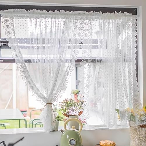 Yaland Garn Scheibengardine Romantischer Landhausstil Weißes Spitzen Blumenmuster transparente Gardine mit Tunnelzug in Küche, Wohnzummer 1 Stück Weiß HxB 80x140cm