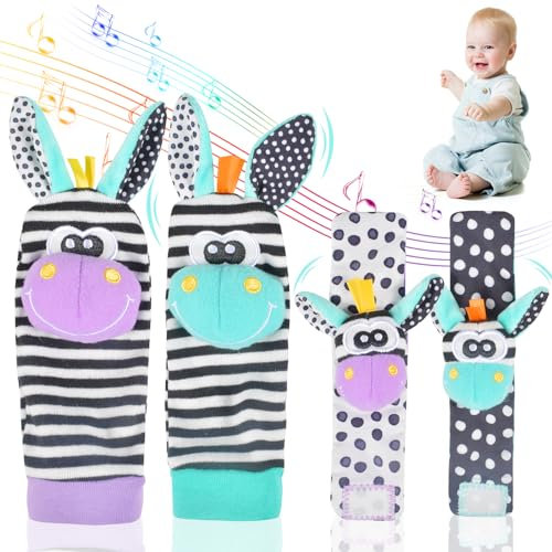 4 Pièces Bébé Poignet et Chaussettes Hochet, Hochet Pied Main Bebe, Bracelet Hochet Bébé, Chaussettes Hochet Bebe, Hochet Bebe Bell Strap pour 0-6 Mois Tout-petits Garçons Filles