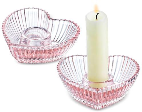 Portacandele in vetro rosa da 7,6 cm, set di 2 portacandele a forma di cuore per matrimoni, feste, decorazioni e sala da pranzo