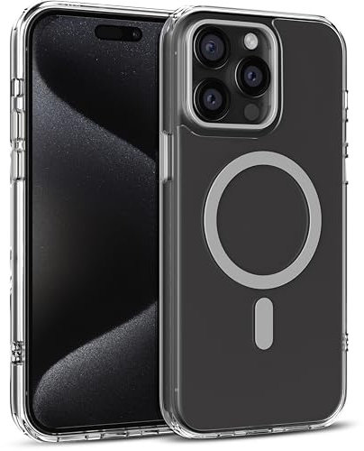 MyGadget Custodia per iPhone 15 Pro Max [compatibile con MagSafe] - Anti-ingiallimento - Case ibrida Magnetica [Parte posteriore rigida | Bordi in silicone] - Trasparente