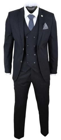 Costume Homme 3 pièces Style Rayures Fines Coupe ajustée avec Gilet Croisé | Bleu Marine