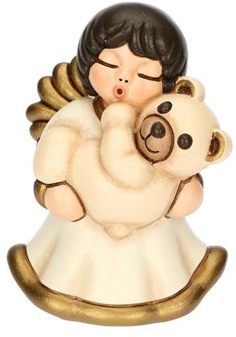 THUN, Angelo con Teddy in Piedi in Ceramica Decorata a Mano, Linea Baby, 4.5 x 5.2 x 7.5 cm h