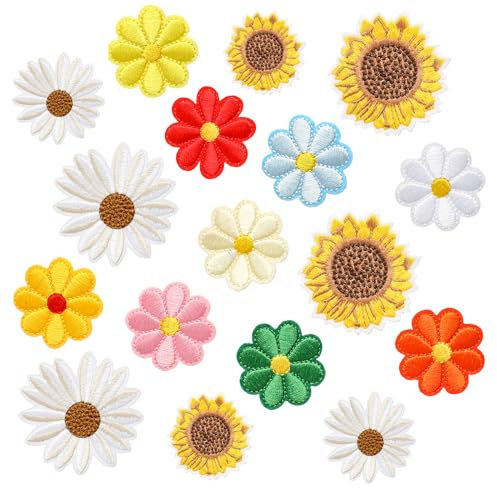 Mabor 17Pcs Daisy Iron on Patches for Clothing, Various Flower Embroidery Patches, Sunflower Iron on Repair Patches for Clothes Jeans Jacket Backpacks Sew on Patches for Clothing