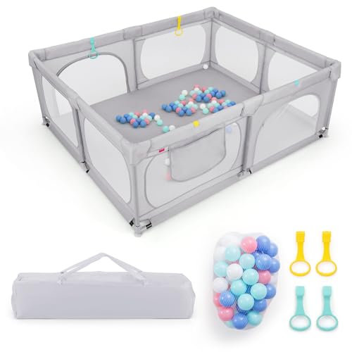 DREAMADE Laufstall Baby, 189 x 158 cm Laufgitter mit 4 Zugringen & 50 Ocean Bällen & Tragetasche, Großes Schutzgitter für Baby & Kleinkinder 0-3 Jahren (ohne Matratze,Hellgrau)