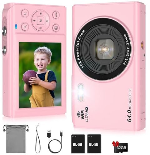 LAMA Digitalkamera, Fotokamera 4K 64MP Mini Digitalkameras Autofokus Kompaktkamera, 2,8 '' LCD 16X Zoom Blitz Digital Kamera mit 32G Karte, 2 Akku, Fotokamera für Kinder, Teenager, Anfänger(Rosa)