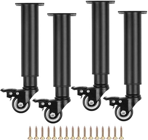 Furniture Adjustable Legs, Metal Bed Support Leg Central Slat Frame Couch Replacement Support Leg Part, Heavy Duty Furniture Foot with Castor for Cabinet/Dresser/Table/Sofa 24.5-36 CM (Black 4 Pcs)