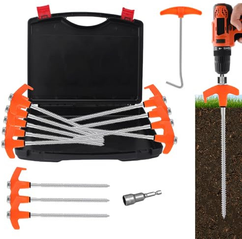 8 Tent Stakes Heavy Duty 12 Pack, Screw in Tent Stakes, Metal Threaded Camping Stakes, Ground Anchors for Canopies, Gardening, Yard Stakes for Inflatables, with Storage Box and Hex Socket