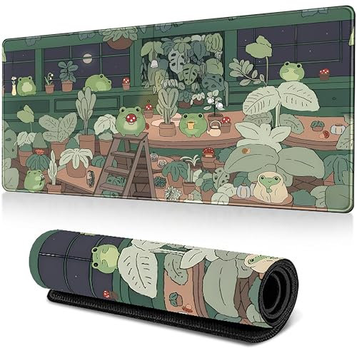 Niedliches Gaming Mauspad XXL, Grüner Schreibtisch Matte 800x300mm Rutschfeste Gummibasis, Wasserabweisend Schreibtischunterlage für Home Office (Niedlicher Frosch)