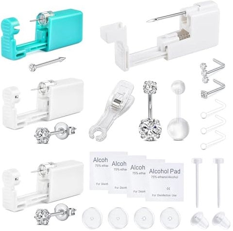 WillTen Silver Ear, Nose & Belly Button Piercing Kit - Disposable Piercing Gun with Built-in Studs