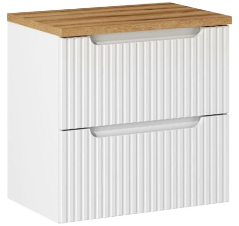 Badezimmer Waschtischunterschrank 60cm, weiß und Eiche mit gerillter Front