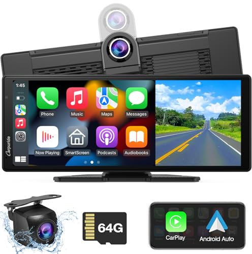 Carpuride W903 Tragbares Kabelloses Carplay und Android Auto mit 4K-Dashcam – 9,3-Zoll-HD-IPS-Bildschirm, Loop-Aufnahme, Bluetooth, Mirror Link, GPS, Siri, am Armaturenbrett Montiert