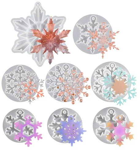 Bekecidi Lot de 8 moules de Noël en résine époxy, moules en silicone flocon de neige pour moulage de résine, pendentifs en silicone pour porte-clés, kit de fabrication de bijoux, décoration d'arbre de