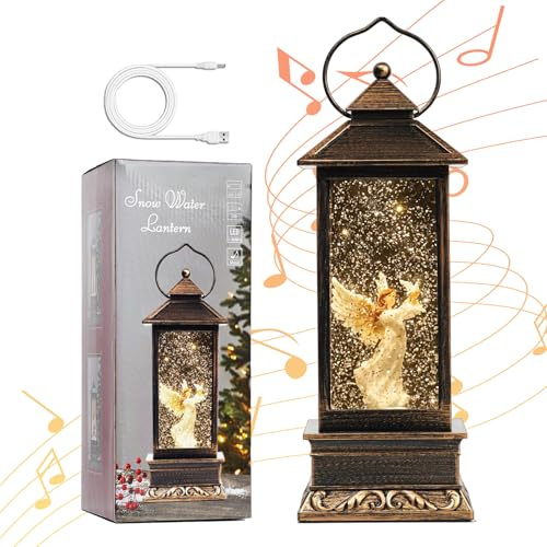 12 Christmas Snow Globe Lantern with Angel and Dove - Water Glittering LED Light Lantern with Music - Vintage Xmas Angel Gifts - USB Plug or Battery Operated Home Decor (Angel)