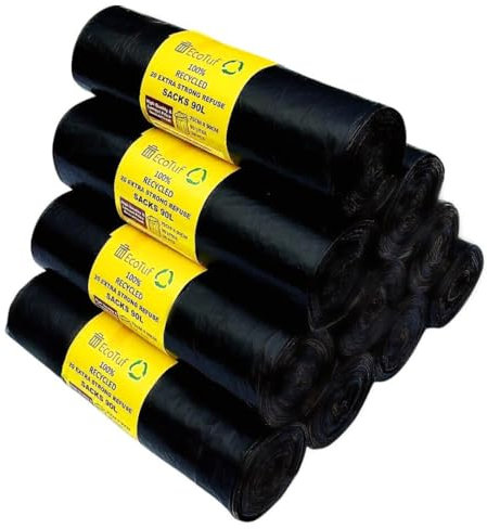 EcoTuf 200 Pack Extra Heavy Duty Refuse Sacks, 90-100 L, 45 Kg Weight Resistant Bin Bags Garbage Bags Leak Resistant, Eco-Friendly, Disposable, Perfect for Household, Garden, Comercial & Building Use