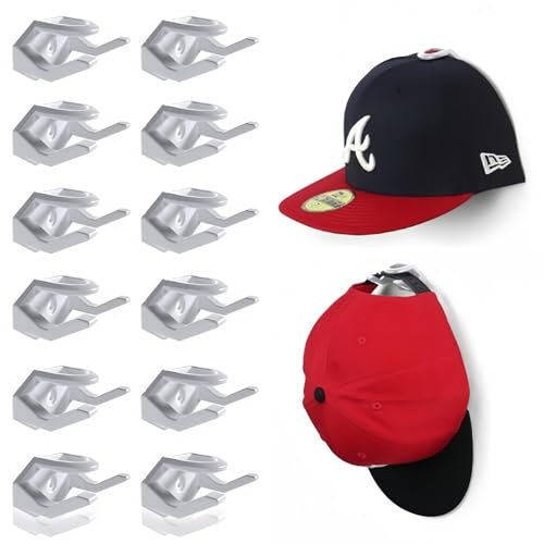 NCOALE 12 PCS Hat Hanger, Adhesive Hat Hooks for Wall Mounted, Baseball Cap Storage Hat Display Rack Cap Holder Storage No Drilling with Screws and Adhesives (White)