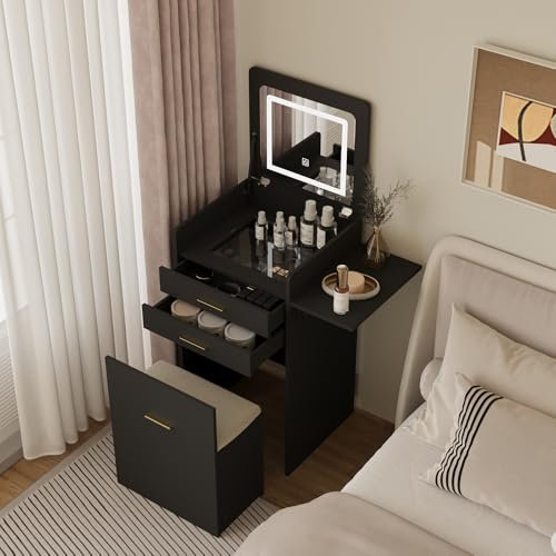 YOURLITE Dressing Table with Flip-top Mirror and LED Lights, Integrated Makeup Table for Small Spaces, Compact Small Vanity Desk Set with Fold-up Panel, Cushioned Storage Stool for Bedroom, Black