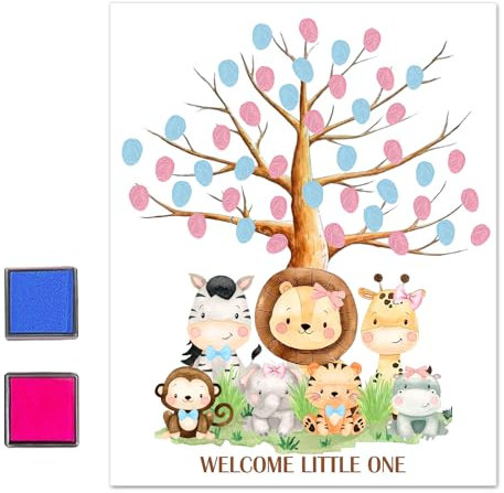 Gender Reveal Party Fingerabdruck Baum, Geschlecht offenbaren Fingerabdruck Blätter Baum, Babyparty-Gästebuch, Tier-Thema Gender Reveal Baby Shower Party, Fingerabdruck-Gästebuch Andenken Dekoration