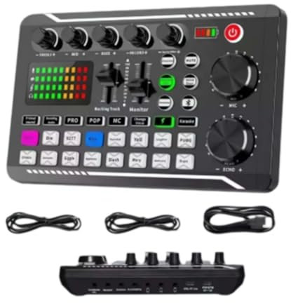 Live Sound Card with Dj Mixer Effects & Voice Changer, F998 Live Sound Card Audio Mixer, Professional Sound Mixer Board with Microphone, LED Light Voice Changer Sound Card with Multiple Sound Effects