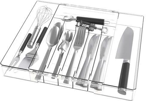 NestNook Cutlery Tray for Drawer, Retractable Organizer Box for Kitchen, Bedroom & More - Transparent