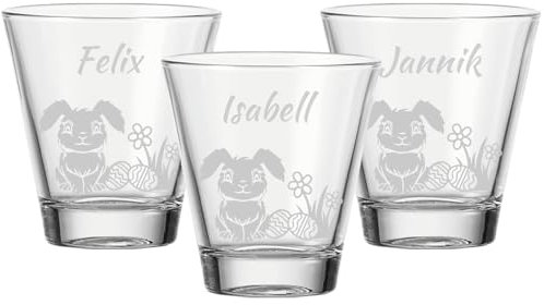 LUXENTU Trinkgläser mit Gravur 3er Set, 215 ml, Wassergläser und Kindergläser mit Oster-Motiven, Personalisierbar mit Namen, Individuelle Lasergravur, Osterhase