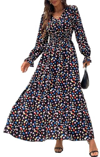 fdsmall Women's Floral Boho Midi Dress Long Sleeve V Neck Flowy Casual Dress Elastic Hight WAIS A-Line Beach Maxi Dresses (UK, Alpha, S, Regular, Regular, Black)