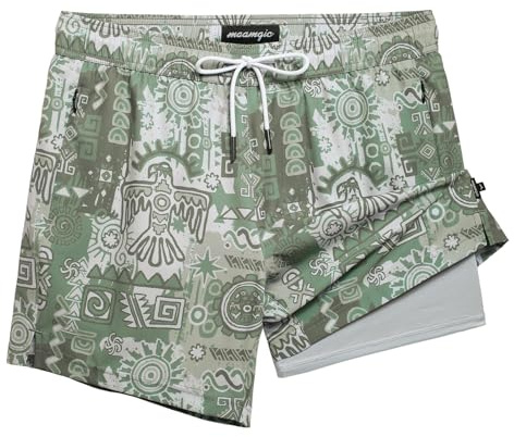 MaaMgic 5 Swimming Shorts Men Swim Trunks 2 in 1 with Compression Liner Zip Pockets Stretch Quick Dry Dissolvable Beach Shorts Swimwear, Army Green - Silver Gray, M