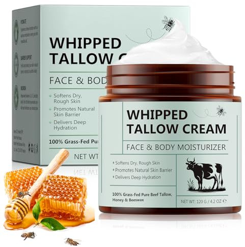 Beef Tallow Creme, 100% Grass-Fed Pure Beef Tallow, Honey & Beeswax, Tief Feuchtigkeitsspendend für Gesicht und Körper, Schnelle Absorption, Geeignet für alle Hauttypen, 120G
