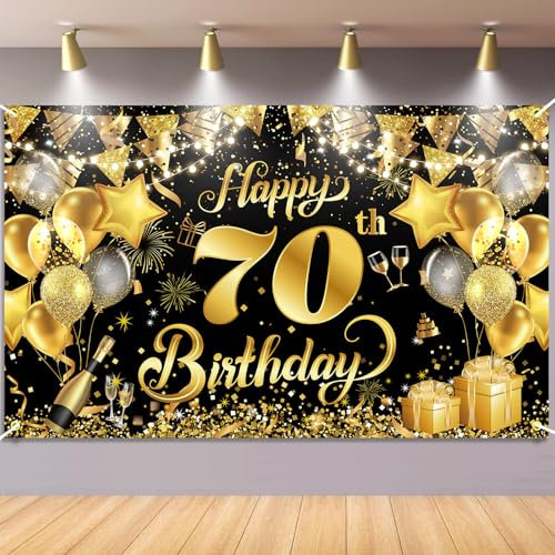 70.Geburtstag Banner Schwarz Gold, Waylipun Geburtstag Party Dekorationen, Geburtstagsbanner Hintergrund Banner für Frau Mann, 180×110cm