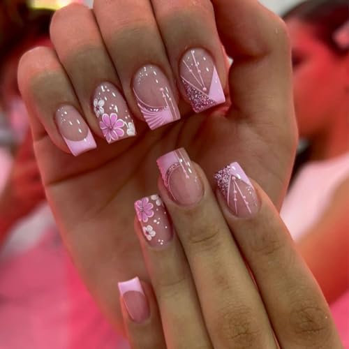 24Pcs French Tip False Nails, Short Square Pink White Flowers Press on Nails with Elegant Design, Spring Summer Glitter Floral Acrylic Full Cover Stick on Nails for Women and Girls Manicure Decoration