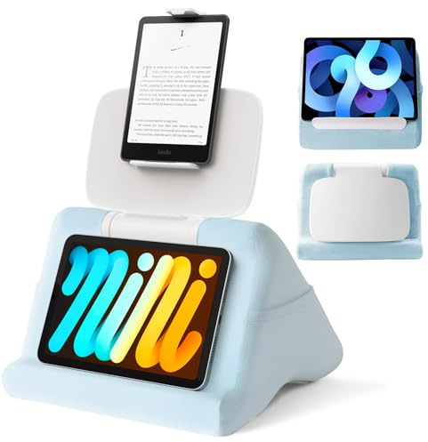 SAIJI Tablet Pillow Stand - iPad mini Kindle Holder for Lap in Bed, with Lifter & Angle Adjustable Multi-Function Clip for 4-13 Tablets, Blue