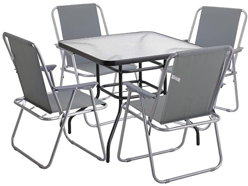 URBN GARDEN Outdoor Garden Square Glass Table & Folding Metal Chairs Set - Parasol Hole, Compact Storage - Patio Dining Furniture for Balcony, Deck, Terrace, Outdoor Seating, 4 Chairs
