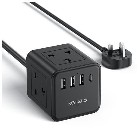 Cube Extension Lead with 4 USB Slots, Kemelo 4 Way (13A/3250W) Multi Plug Extension Cable with Child Safety UK Desktop Power Extension Socket,1.5M Extension Cords for Home Dorm Office Travel,Black
