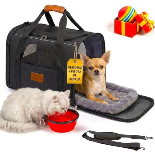 NICEOWL® Transportin Gato | Transportin Perro | Plegable y Reforzado con Cama, Bebedero y Juguete de Regalo | 47cm x 35cm x 32cm | Viaje Cómodo y Seguro | Bolsa de Transporte Portátil con Ventilación