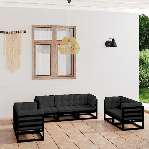 Runheo 7-TLG. Garten-Lounge-Set, Kiefer Massivholz Schwarz, Anthrazit Kissen, 70x70x67 cm Ecksofa, Modulares Outdoor Möbel Set für Terrasse, Balkon, Garten