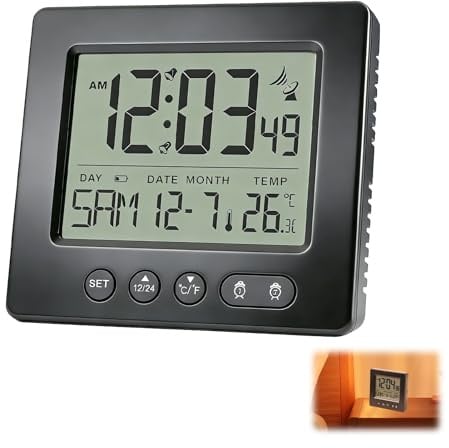 Sveglia Digitale, Orologio Sveglia Digitale Radiocontrollato con 2 Allarmi Fusi Orari Regolabili Luce Temperatura e Funzione Display Data Snooze Grandi Cifre 7 Lingue con 2 batterie AAA Nero