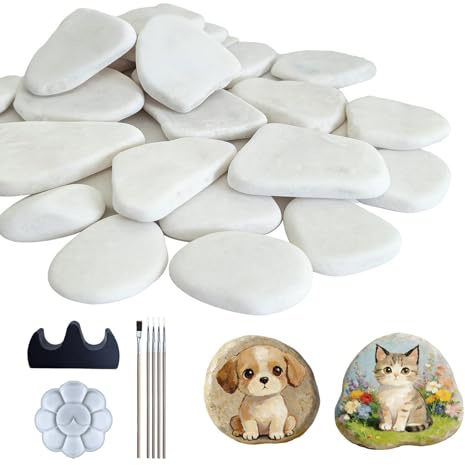 mawmuaw 3-8 cm Flache Steine zum Bemalen 16 Stück Steine Bemalen Flache Dekosteine Weiß Naturstein Dekoration Glatte Kieselsteine für Gartendekoration Dekoration von Topfpflanzen kreatives Basteln