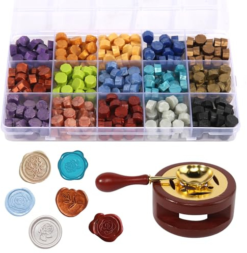 VUTYNKO Wachssiegel Set, 15 Farbe 375 Stück Siegelwachs Perlen Set | mit Erhitzer & Wachsschmelzlöffel, Siegelwachs Perlen Stempel Set für Einladungen Karten Umschläge Geschenk Packungen