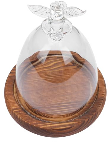 SHINEOFI Cúpula de Cristal con Diseño de Ángel Pequeña, Base de Madera Estilo Antiguo, Cubierta Decorativa para Microscenarios, Jarrón para Flores Preservadas, Vitrina para Hogar y Tienda