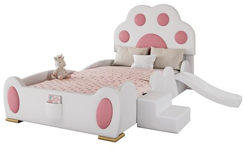 SOFTWEARY Kinderbett mit Rutsche, Treppe, gepolstertem Kopfteil, Rausfallschutz, 90x200cm, Einzelbett, Polsterbett, Spielbett, Kunstleder